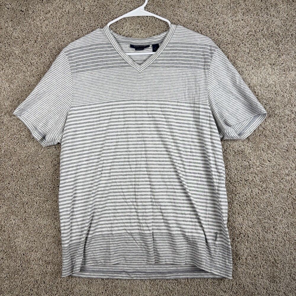 Perry Ellis Pima Cotton Short Sleeve White/Gray V-Neck T-Shirt Mens Size Large